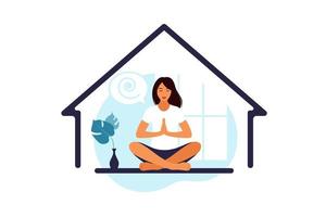 Meditation, yoga concept, relax, recreation, healthy lifestyle. Woman in lotus pose. Vector illustration.