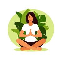 Woman meditating in nature. Meditation concept, relax, recreation, healthy lifestyle, yoga. Woman in lotus pose. Vector illustration.