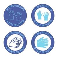 Safety gloves are required. Round blue symbol with lettering gloves required inside. Virus prevention icons. Preventing virus spread concept. Vector isolated