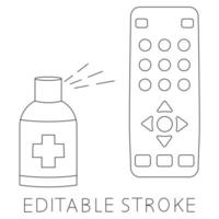 Sanitizing of TV remote. Remote disinfection. Disinfection of TV clicker using antibacterial spray. Sanitizing home items of daily use. Preventing virus spread concept. Isolated vector