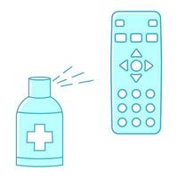 Sanitizing of TV remote. Remote disinfection. Disinfection of TV clicker using medical sanitizer. Sanitizing home items of daily use. Preventing virus spread concept. Antibacterial spray vector