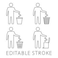 Garbage symbol. Trash icon. Disposable icon. Tidy man symbol, do not litter, icon, keep clean. Man disposes trash into the waste bin. Trash vector icon, reuse symbol. Editable stroke