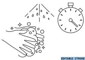 Wash your hands during 30 seconds with soap under running water.. Wash your hands, icon. Hand washing procedure thin line icon. Editable stroke. Everyday hygiene essentials. Vector