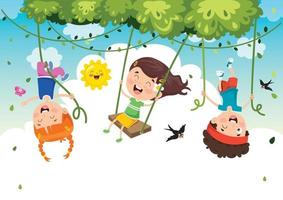 Happy Kids Swinging With Root Rope In Jungle vector