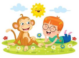 Child Playing With Monkey vector