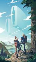 a couple is trekking to the peak of the cliff with the background of valley scenery and futuristic massive structures in the orbit. vector