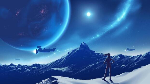 a lady standing on the peak looking at vast mountain scenery viewable of habitable planet in the sky, on an unknown planet. vector