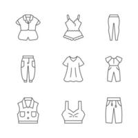 Comfortable homewear linear icons set. Silk nightwear. Leggings, joggers. Denim jacket. Oversized dress. Customizable thin line contour symbols. Isolated vector outline illustrations. Editable stroke