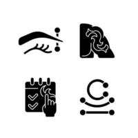 Tattoo and piercing types black glyph icons set on white space. Place on body where jewellery is injected. Metal skin accessories with gems. Silhouette symbols. Vector isolated illustration