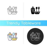 Kids dinnerware icon. Plates created for children to eat comfortably. Learning how to eat. Rubbered plastic forks and spoons. Linear black and RGB color styles. Isolated vector illustrations