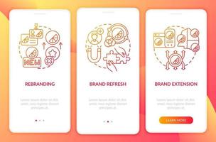 Brand identity change onboarding mobile app page screen with concepts. Rebranding, brand refresh walkthrough 3 steps graphic instructions. UI, UX, GUI vector template with linear color illustrations