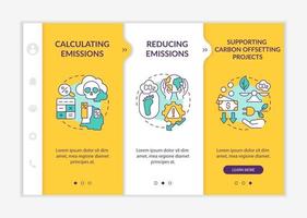 Carbon footprint offset onboarding vector template. Responsive mobile website with icons. Web page walkthrough 3 step screens. Emissions calculation, reducing color concept with linear illustrations