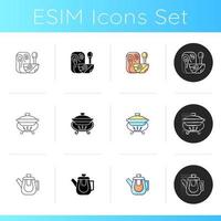 Trendy tableware icons set. Irregular shape tableware. Vintage style dinningware. Food warming tray. Ceramic oven dish. Linear, black and RGB color styles. Isolated vector illustrations