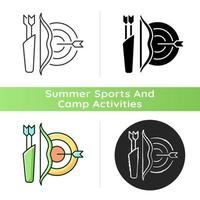 Archery icon. Using bow to shoot arrows. Hunting and recreational activity. Hitting target from distance. Competitive sport. Linear black and RGB color styles. Isolated vector illustrations