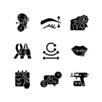 iconos de glifos negros de creación de tatuajes y perforaciones en espacio en blanco. salón para crear una apariencia corporal única. instrumentos especiales para profesionales. símbolos de silueta. vector ilustración aislada