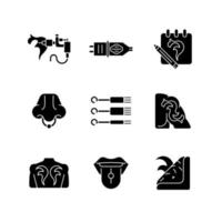 Tattoo and piercing instruments black glyph icons set on white space. Creating unique art works on human body. Injecting jewellery. Professional tool. Silhouette symbols. Vector isolated illustration