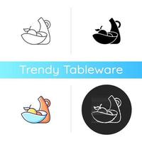 Irregular shape tableware icon. Designers create beautiful plate. Not typical looking dinnerware. Special dinner accessories. Linear black and RGB color styles. Isolated vector illustrations