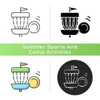 Frisbee golf icon. Throwing flying disc into basket. Competitive non-contact team sport. Summer camp activity. Disc golf. Linear black and RGB color styles. Isolated vector illustrations