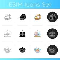 Trendy tableware icons set. Specially designed kitchenware. Forks, knives and spoons for dinning. Bread basket for home. Linear, black and RGB color styles. Isolated vector illustrations