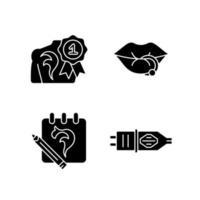 Tattoo and piercing salon black glyph icons set on white space. Professional equipment. Winning tattoo competition. Creating beautiful sketches. Silhouette symbols. Vector isolated illustration