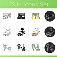 Summer sports and camp activities icons set. Beach volleyball. Kids yoga. Playing with lacrosse stick. Team sport. Breathing practice. Linear, black and RGB color styles. Isolated vector illustrations