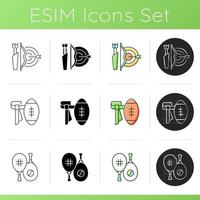 Summer camp activities icons set. Using bow to shoot arrows. Tennis. Flag football. Racket sport. Recreational activity. Linear, black and RGB color styles. Isolated vector illustrations