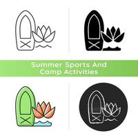 Stand up paddle board yoga icon. Doing workout on wobbly surface. Practicing mindfulness. Enjoying paddle boarding. SUP yoga practice. Linear black and RGB color styles. Isolated vector illustrations