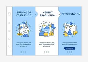 Anthropogenic carbon emissions onboarding vector template. Responsive mobile website with icons. Web page walkthrough 3 step screens. Cement production color concept with linear illustrations