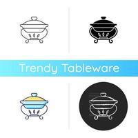 Warming tray icon. Chafing dish for storing foods. Container which keeps meals warm. Everyday kitchenware equipment. Linear black and RGB color styles. Isolated vector illustrations