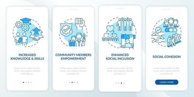 Society development benefits onboarding mobile app page screen with concepts. Increased knowledge walkthrough 4 steps graphic instructions. UI, UX, GUI vector template with linear color illustrations