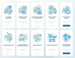 la evolución de la sociedad incorporando la pantalla de la página de la aplicación móvil con conceptos establecidos. Tutorial de cambio social Instrucciones gráficas de 5 pasos. ui, ux, plantilla de vector de interfaz gráfica de usuario con ilustraciones en color lineal