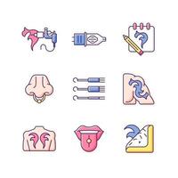 Tattoo and piercing instruments RGB color icons set. Isolated vector illustrations. Creating unique works on human body. Injecting jewellery. Professional tool simple filled line drawings collection