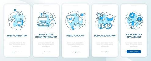 Society change strategies onboarding mobile app page screen with concepts. Popular education walkthrough 5 steps graphic instructions. UI, UX, GUI vector template with linear color illustrations