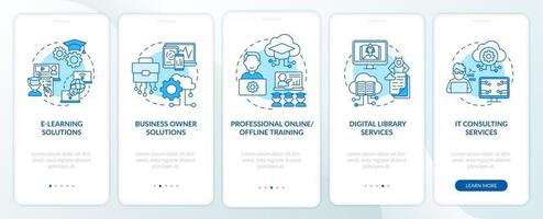 Society development projects onboarding mobile app page screen with concepts. E-learning solutions walkthrough 5 steps graphic instructions. UI, UX, GUI vector template with linear color illustrations