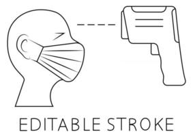 Check human body temperature using non-contact infrared thermometer. Temperature scanning sign. Mask on the face. Coronavirus prevention. Check human body temperature thin line icon. Vector
