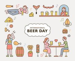 beer day. People drinking beer in pub and various food icons. flat design style minimal vector illustration.