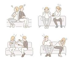 A couple is sitting on the sofa and arguing. hand drawn style vector design illustrations.