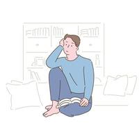 A man is reading a book and looking bored. hand drawn style vector design illustrations.