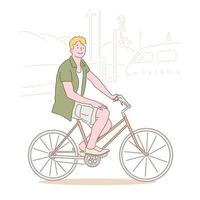 A man is riding a bicycle and smiling. hand drawn style vector design illustrations.