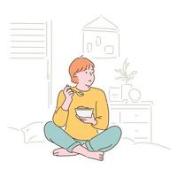 A woman is eating cereal. hand drawn style vector design illustrations.