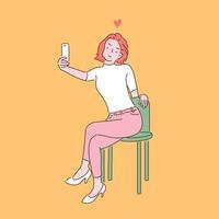 una mujer está tomando un selfie en una linda pose. ilustraciones de diseño de vectores de estilo dibujado a mano.