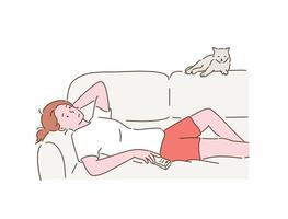 A woman is lying on the sofa, holding a remote control in her hand and looking bored. hand drawn style vector design illustrations.