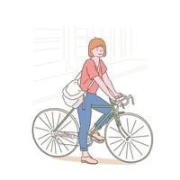 A woman stops for a moment while riding a bicycle. hand drawn style vector design illustrations.