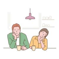 A couple sits at the table and shrugs their chins with a bored expression. hand drawn style vector design illustrations.