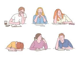 Students look bored while studying. hand drawn style vector design illustrations.
