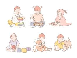 Babies playing with toys. hand drawn style vector design illustrations.