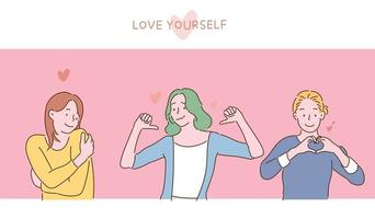 Women with confident expressions. You are making a gesture of loving yourself. hand drawn style vector design illustrations.