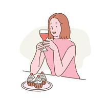 A woman is drinking wine and there is a cupcake in front of her. hand drawn style vector design illustrations.