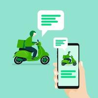 mano que sostiene el teléfono inteligente con notificaciones de mensajes. chat de usuario con el repartidor montando scooter. vector