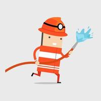 Fireman holding a fire hose from which water flows. Fireman spraying a water hose. vector